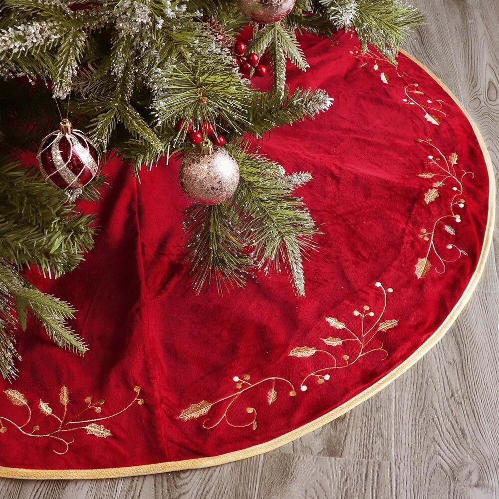 Christmas Tree Skirt, 48 inches Red Luxury Velvet Plush Fur Skirts with Gold
